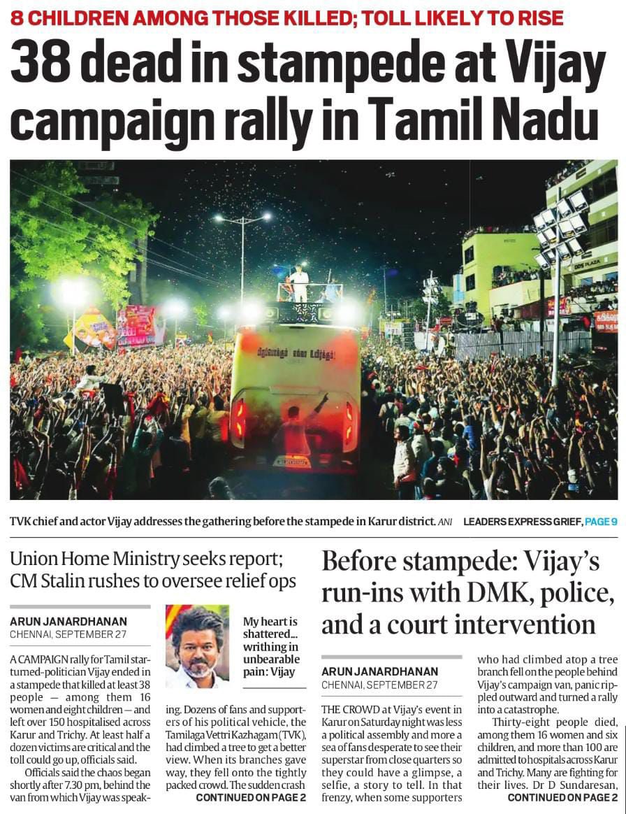 priyankac19's tweet photo. 38 lives lost in this campaign stampede, the tragedy of our nation is the hero worshipping of actors, politicians and cricketers, self styled gurus. Hope someday Indians will realise these are false gods they have put on a pedestal.
Heartfelt condolences to the people of Tamil Nadu and the families of the victims of this tragedy