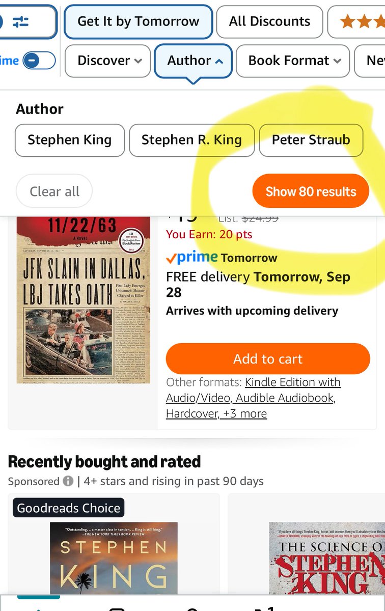 ChuckRoseNJ's tweet photo. @StephenKing Stop it with the gaslighting I can get 80 different listed books by tomorrow via prime. https://t.co/rzDlN12Mqk