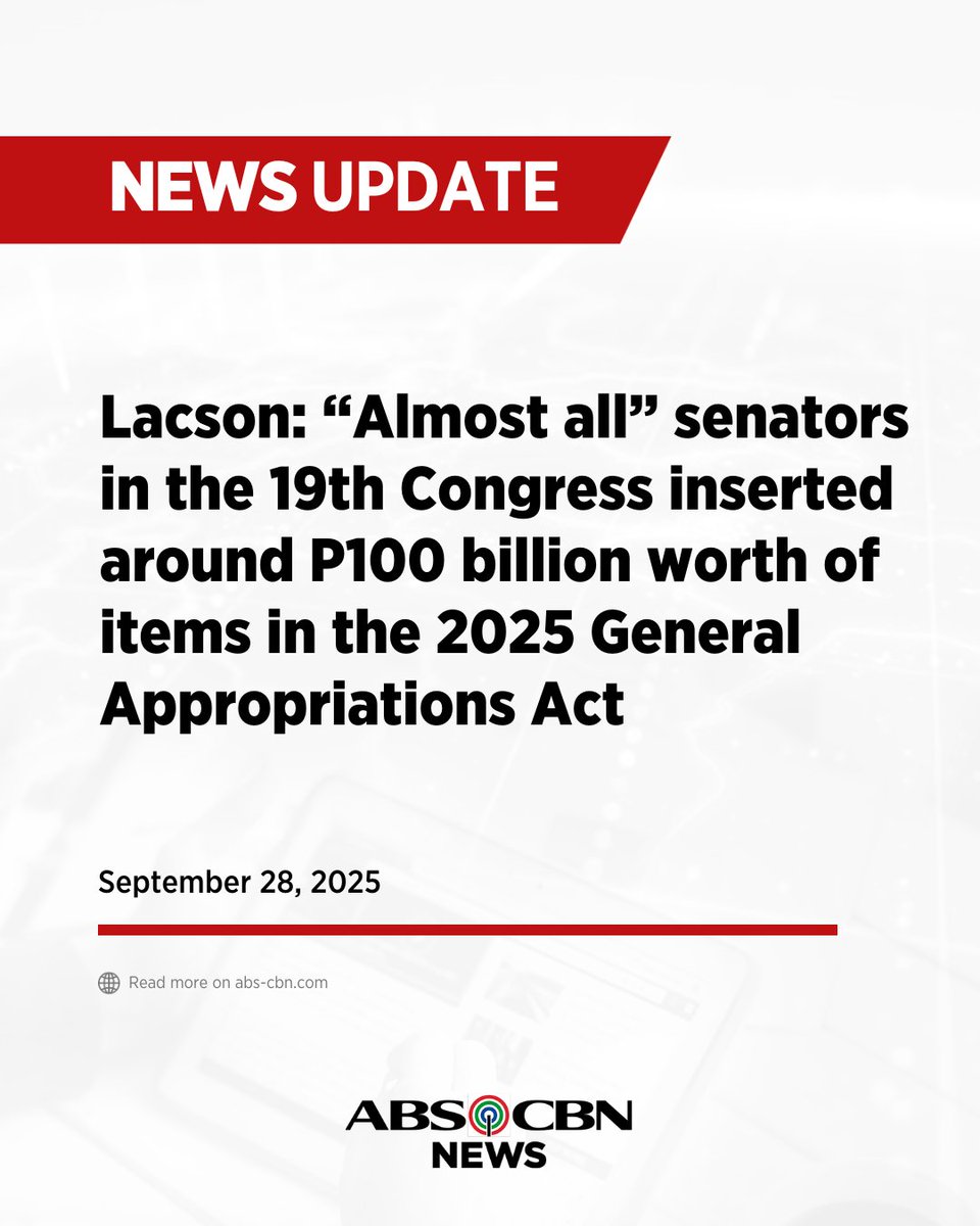 ABSCBNNews's tweet photo. “Almost all” senators in the 19th Congress inserted around P100 billion worth of items in the 2025 General Appropriations Act, Senate President Pro Tempore Ping Lacson says in an interview on DZMM Teleradyo. | via @manahan_job https://t.co/edbjRcjFIx