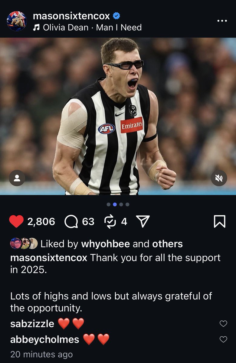 IncrediblyBozza's tweet image. Thank you for the great journey for the @CollingwoodFC 🖤🤍
We absolutely enjoyed your fun times @masonsixtencox
All the best for what comes next legend 👏👏
Forever a Premiership magpie
#GoPies #AFL #ThanksMason