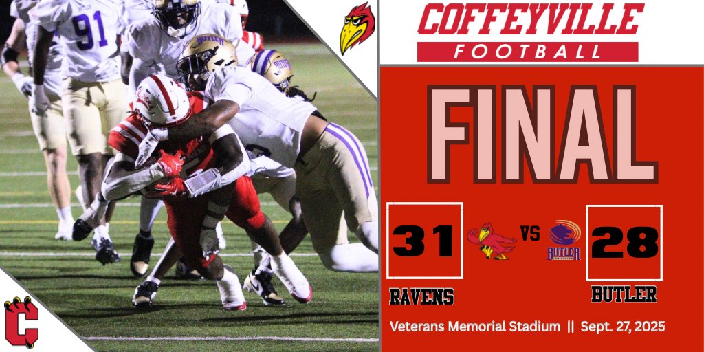 Red Raven Sports (@redravensports) on Twitter photo Football
Final
For the 2nd week in a row, the Red Ravens take down a nationally ranked team as Coffeyville defeats #9 Butler 31-28!
<a href="/cccredravens/">Coffeyville CC</a> <a href="/Red_Raven_FB/">Coffeyville Football</a> Football
Final
For the 2nd week in a row, the Red Ravens take down a nationally ranked team as Coffeyville defeats #9 Butler 31-28!
<a href="/cccredravens/">Coffeyville CC</a> <a href="/Red_Raven_FB/">Coffeyville Football</a>