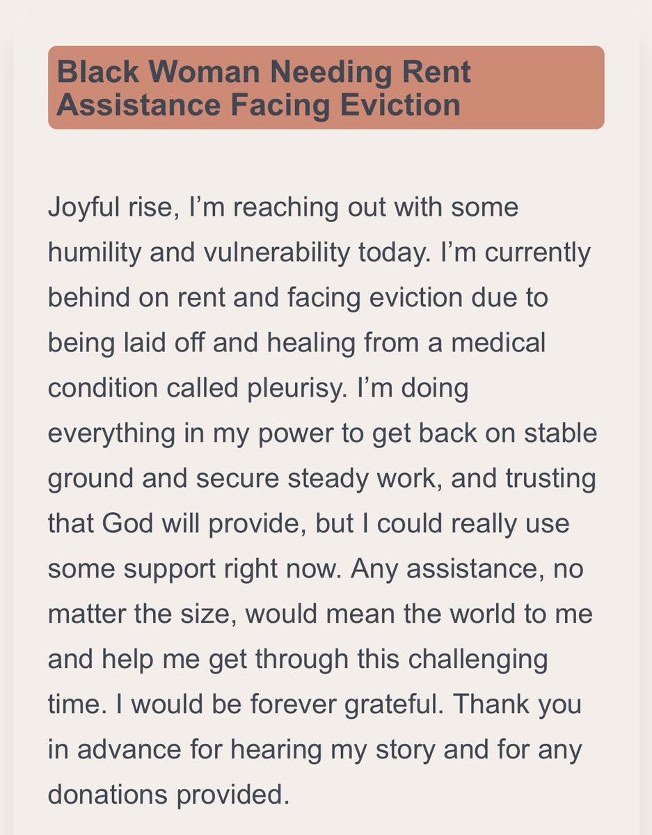 A Black Woman who was recently laid off healing from a Lung Disease is asking for help. She’s trying to raise enough for rent and necessities to be stable as she secures another job. If we can all give $1 she’ll reach her goal. We’ve helped 154 people so far, let’s keep going.