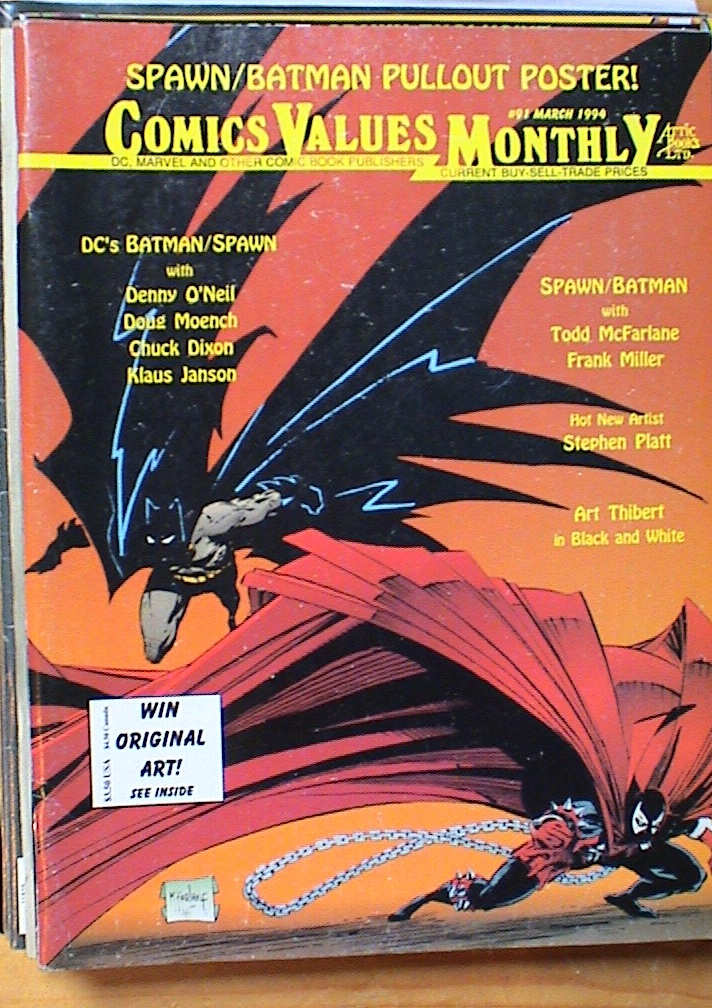 RobMessick's tweet image. A Todd McFarlane cover to Comics Values Monthly starring Batman &amp;amp; Spawn.  also showing Steve Oliff&apos;s color guide and the original art!

@Todd_McFarlane #SteveOliff #Batman #Spawn @DCOfficial @ImageComics #ComicsValuesMonthly