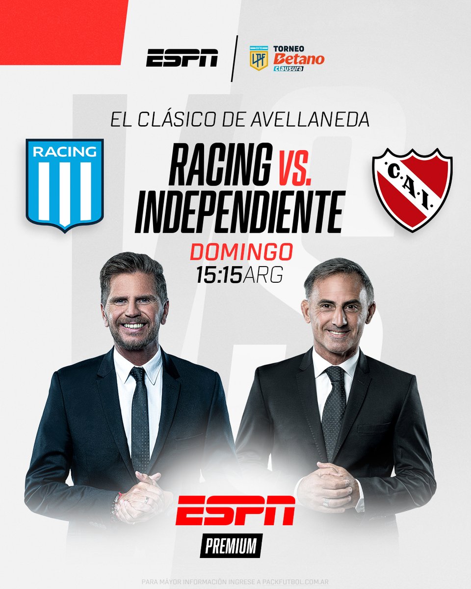 🔥 ¡¡¡ES HOY, ES HOY!!!

🆚 Racing vs. Independiente
🏆 #TorneoClausura - Fecha 10 (Interzonal)
⏰ 15:15hs. (Arg)
🏟️ Cilindro de Avellaneda

 📺 ESPN Premium | Suscribite al Pack Fútbol en bit.ly/3s5GhjB