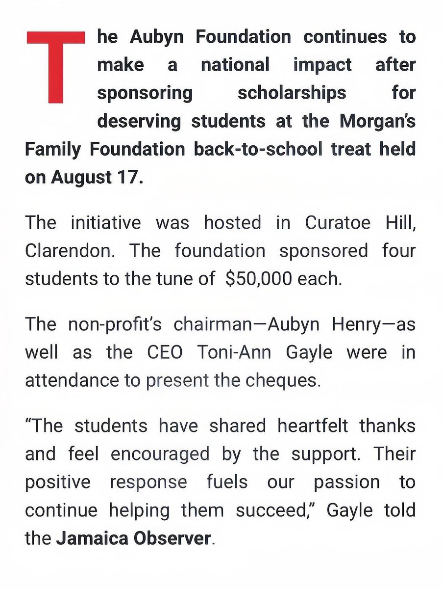 aubynhenry's tweet photo. Honored to see the Aubyn Foundation featured in yesterday’s Jamaica Observer! 🗞️

As the new school year begins, we're proud to support students chasing their dreams through education. 📚

When they thrive, we all do.

#AUBYN #BackToSchool #Foundation https://t.co/umAo8dvlhh