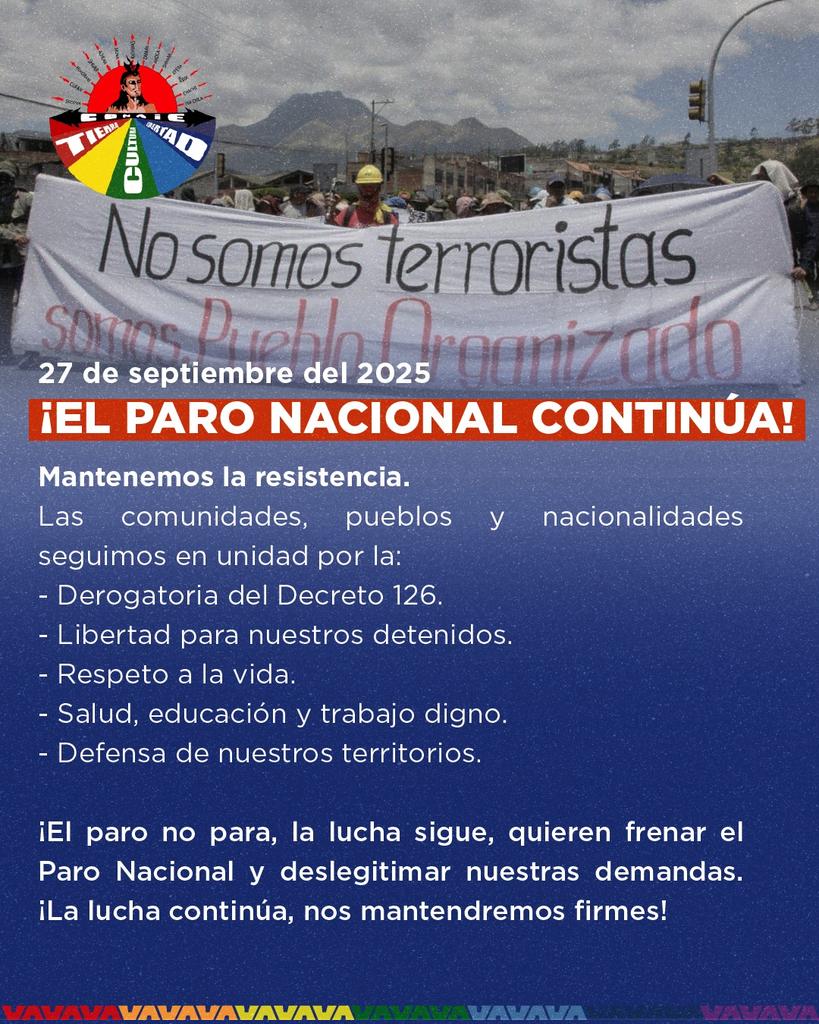 ⭕ #URGENTE | ¡𝐄𝐋 𝐏𝐀𝐑𝐎 𝐍𝐀𝐂𝐈𝐎𝐍𝐀𝐋 𝐂𝐎𝐍𝐓𝐈𝐍Ú𝐀!

Los pueblos y nacionalidades mantenemos la resistencia. ¡El paro no para, la lucha sigue! 👇🏾

#ParoNacional2025 #EnUnidad #CONAIE