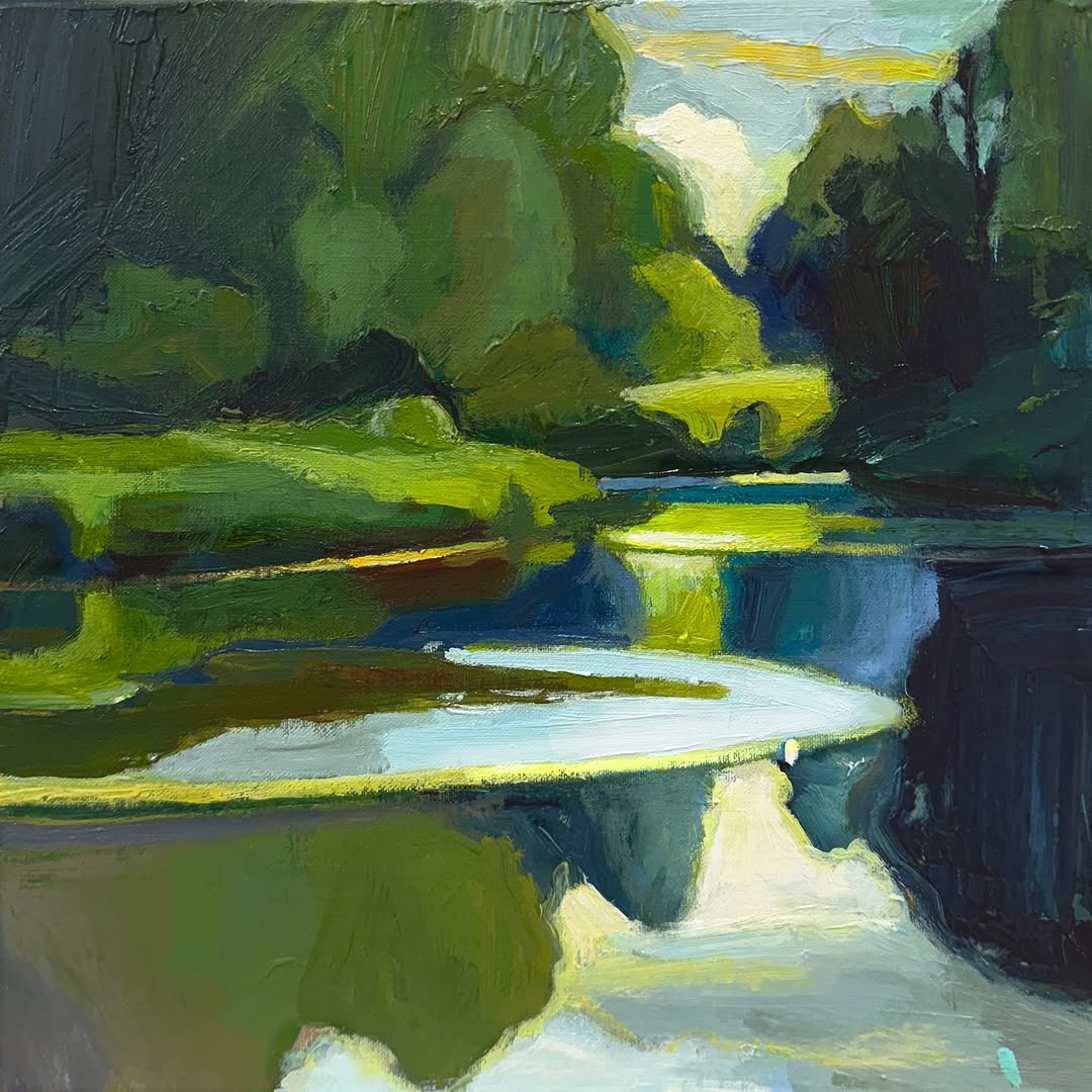RClaremont's tweet image. Some places are painted by their own reflections — the river doubling the sky, the light carrying everything downstream.

“Undercurrent”, 30X30cm.

#landscapepainting #waterreflections #richardclaremontc