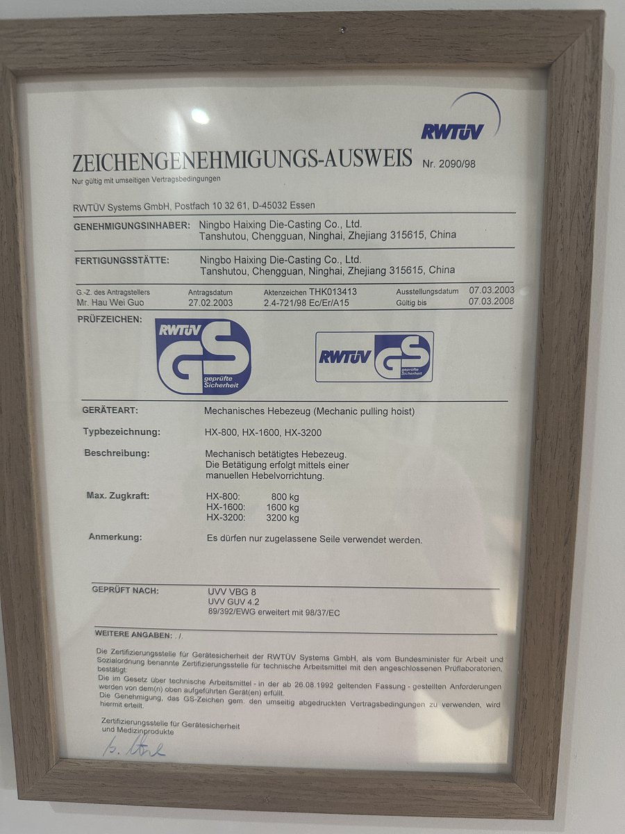 Haicheng1979's tweet photo. The GS mark is Germany’s toughest safety certification, requiring independent testing in accredited labs.
Back in 2003, when our company was still named Haixing, we earned our first GS certificate — and have proudly maintained it under Haicheng ever since.💪
#Tirfor #GSCertified https://t.co/3iBU65SVIY