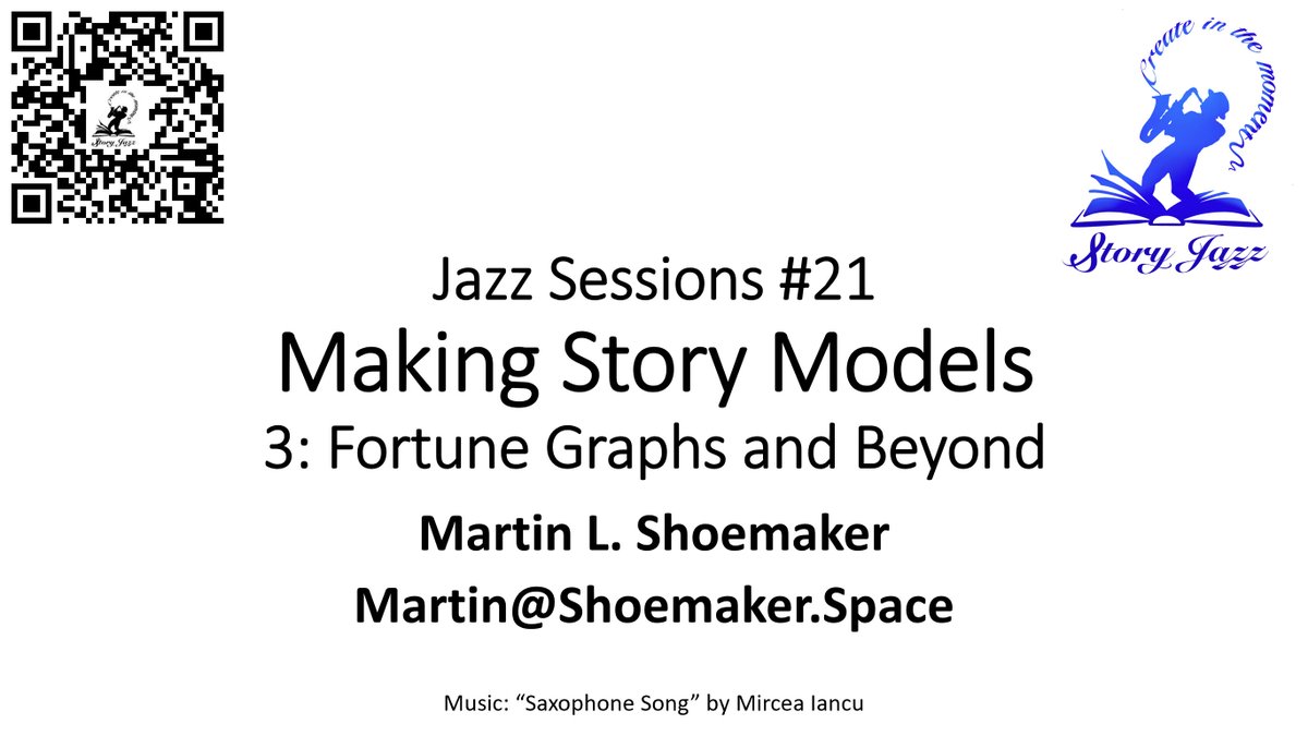 Martin L. Shoemaker is inviting you to a scheduled Zoom meeting.

Topic: Jazz Sessions 21 - Making Story Models 3: Fortune Graphs and Beyond

In our third session of Making Story Models, we'll examine classical story structures. Then we'll look at Fortune Graphs, Kurt Vonnegut's