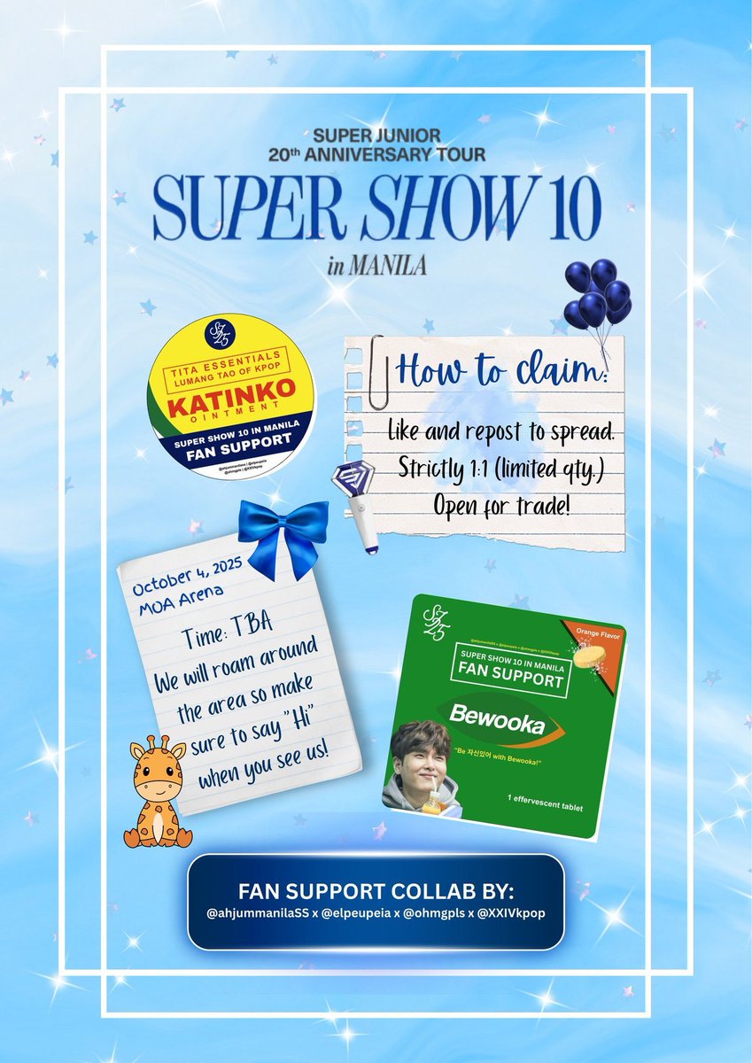 Fan support / giveaway for #SS10inManila attendees!! Para may lakas tayo before, during, and after con 🤣🤣

DM for trades 1:1
RT/LIKE
Allocation of Katinko and Berocca tablets vary per account 😉 

#SUPERSHOW #SUPERSHOW10
#20th_Anniversary_TOUR #SS10inManila