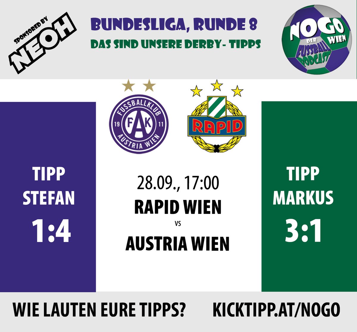 NogoWien's tweet photo. #Derbytag! Um 17 Uhr ist es endlich so weit, #Rapid empfängt die #Austria. Dass unsere Prognosen da auseinanderliegen, ist ganz klar. Aber so deutlich? Wie lauten eure Tipps und seid ihr schon unter https://t.co/kr4yZHH5nr dabei? Ein NEOH-Paket wartet! #SCRFAK #FAKlive #SCR2025 https://t.co/M8iLZOAGmv