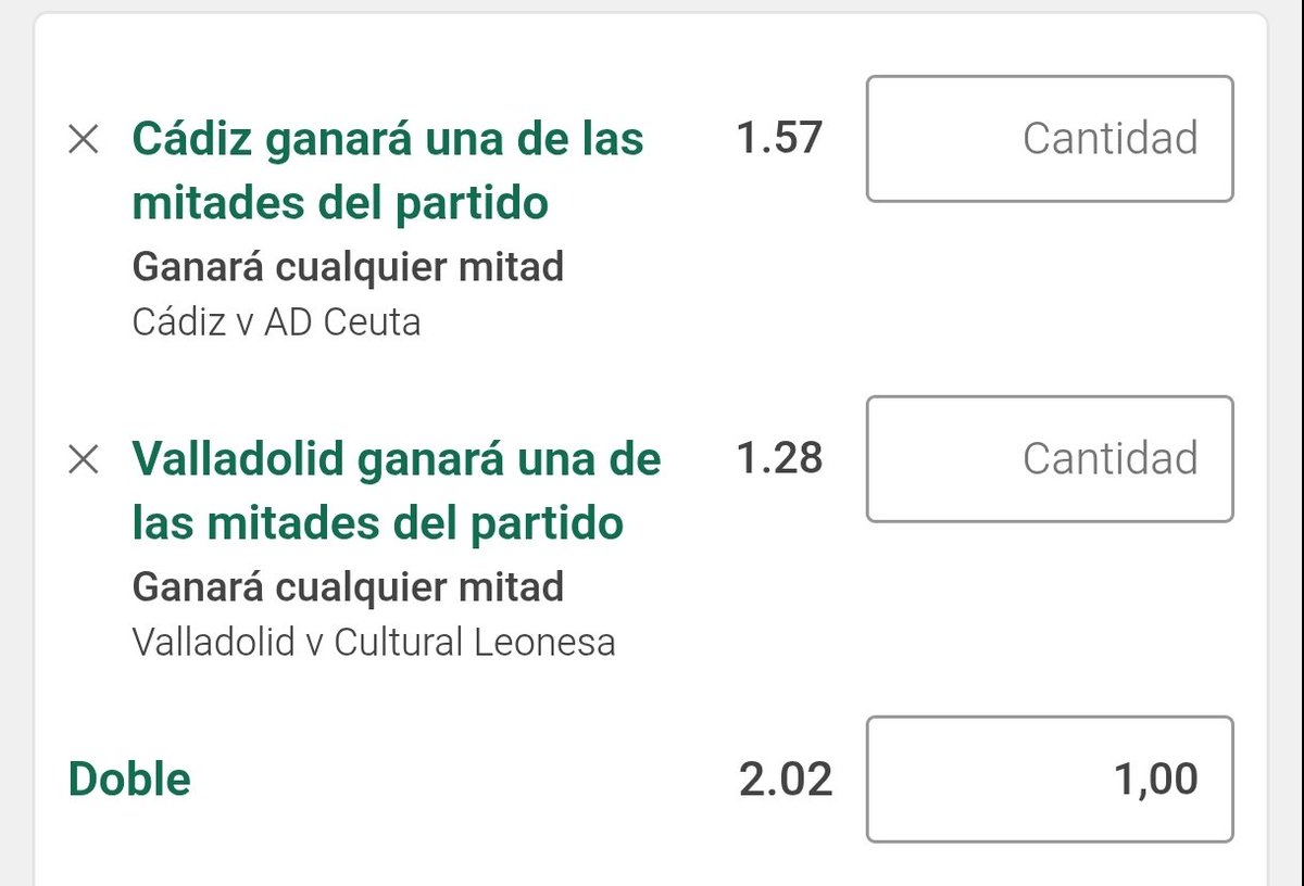 🔥 DOBLE CON VALOR 🔥

👉 Cádiz gana una mitad ✅
👉 Valladolid gana una mitad ✅

💰 Cuota combinada: 2.02

📊 Análisis: superioridad de plantilla y categoría,(solo necesitan dominar un tramo del partido).

#JVBsportsbets #ApuestasDeportivas #pickeando <a href="/Pickeando_web/">PICKEANDO</a> @