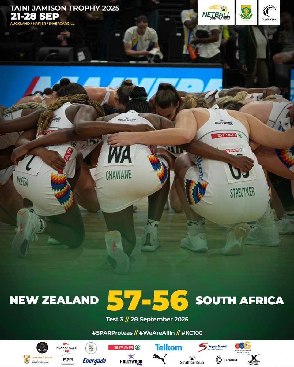 Netball_SA's tweet image. 🇳🇿🆚🇿🇦
💚💛 So close, so much fight.  Proud of the heart, the grit, and the spirit. 🇿🇦

Thank you to the @SilverFernsNZ  for a great contest. 🙌

#SPARProteas #WeAreAllIn #KC100