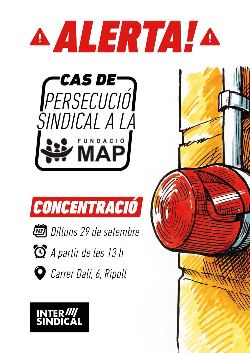 📢Fem una crida a treballadores, famílies i persones ateses de la Fundació MAP 

 🙋Per donar suport al nostre company i denunciar assetjament laboral i persecució sindical a <a href="/fundaciomap/">Fundació MAP</a>

🚨CONCENTRACIÓ✊
🗓️Dilluns 29 
🕛 A les 13:00 h
📍C. Dalí 6 Ripoll
#ProuPersecucióSindical