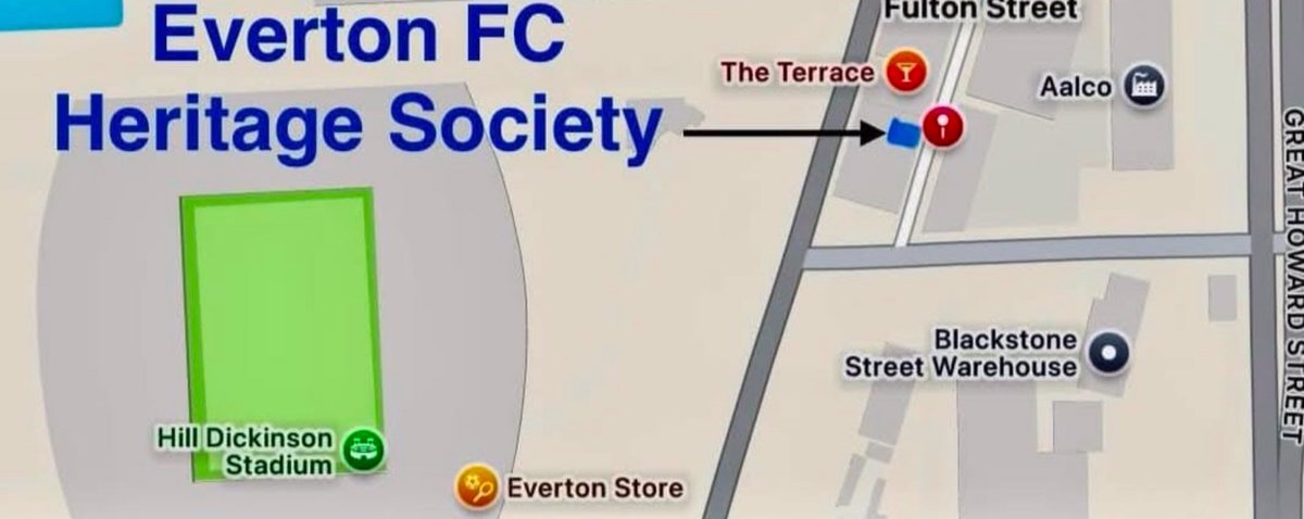 We’re at our new matchday base (AKA Heritage Centre) from 5pm to 7:30pm tomorrow. 
It’s at the rear of the <a href="/bluehousebmd/">The Bluehouse</a> /Rollo building, accessed from Fulton Street.
Call in for souvenirs, programmes, books, t-shirts etc.
<a href="/ToffeeArt/">Toffee Art</a> <a href="/ToffeePages/">ToffeePages</a> <a href="/theruleteros/">Everton in Chile 🇺🇦</a> <a href="/l23_photography/">L23 PHOTOGRAPHY</a>