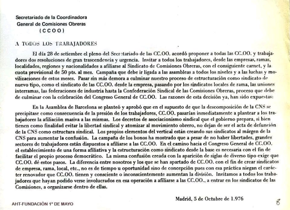 La decisión de convertirse en UN SINDICATO!! 

#TalDiaComoHoy El 28 de sept. de 1976 el Secretariado de la Coordinadora General de Comisiones Obreras decide constituirse en un sindicato estructurado en ramas y territorios <a href="/CCOO/">COMISIONES OBRERAS</a> 

UNA DECISIÓN Y FECHA IMPORTANTE 👇🏼