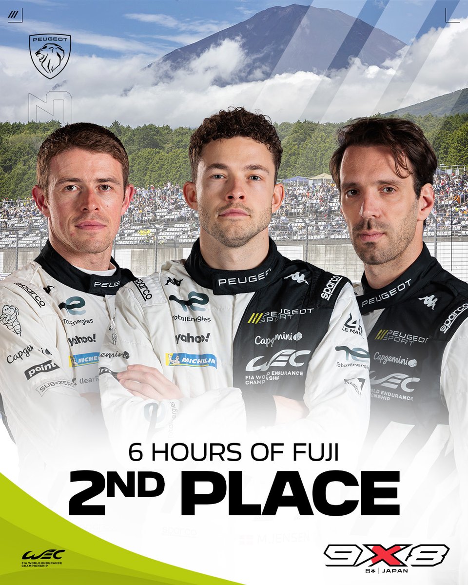 Peugeot's tweet photo. 🥈 P2 in Fuji! 🇯🇵
A strong result for the #93team!
Teamwork and determination delivered a well-deserved second place, a solid base to build on.
Drop a 🥈 in the comments to show your support!
#6HFuji #Peugeot9X8 #WEC #ClawsOutChaseOn https://t.co/uoszXu5c5C