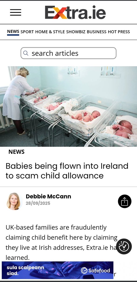 🇮🇪 Ireland - 28th September 2025

Babies are being flown into Ireland to scam social welfare child allowance.

UK-based families who have never lived in Ireland are fraudulently claiming child benefit here by claiming they live at Irish addresses.

They then return to the UK and