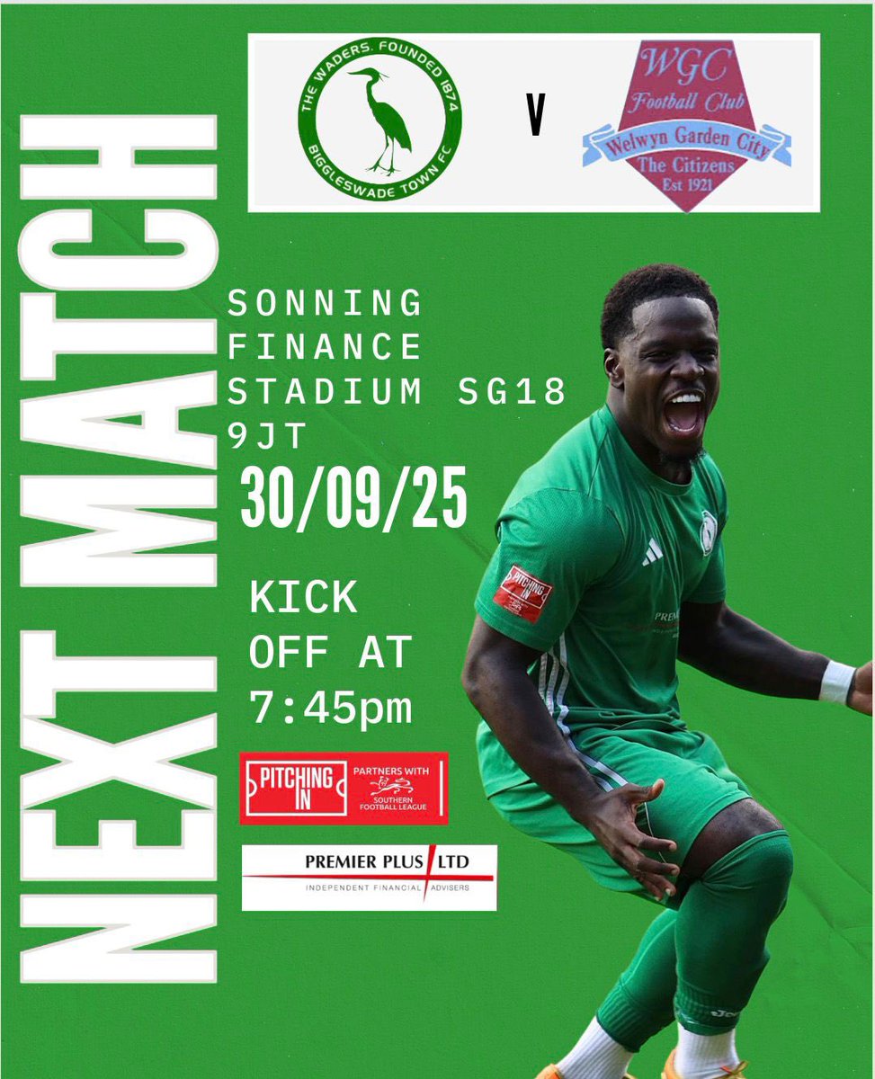Biggleswade Town FC (@biggleswade1874) on Twitter photo NEXT MATCH BACK AT HOME 💚
The Waders go again on Tuesday against <a href="/WGCFC/">Welwyn Garden City FC</a> in the league. Can we keep that top place?
🏟️SONNING FINANCE STADIUM SG18 9JT
📅TUES 30TH SEP
⏰7:45PM
🎫Adult£12/cons£10/u16 FREE WITH ADULT NEXT MATCH BACK AT HOME 💚
The Waders go again on Tuesday against <a href="/WGCFC/">Welwyn Garden City FC</a> in the league. Can we keep that top place?
🏟️SONNING FINANCE STADIUM SG18 9JT
📅TUES 30TH SEP
⏰7:45PM
🎫Adult£12/cons£10/u16 FREE WITH ADULT