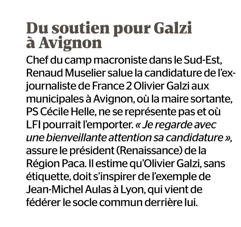 Le président de <a href="/MaRegionSud/">Région Sud</a> dans <a href="/LaTribune/">La Tribune</a> a raison de penser que les prochaines élections municipales seront celles des listes non partisanes portées par la société civile. À Avignon, à Lyon, à Bordeaux et dans bien d’autres villes, un vent de lève sur tous les #territoires .