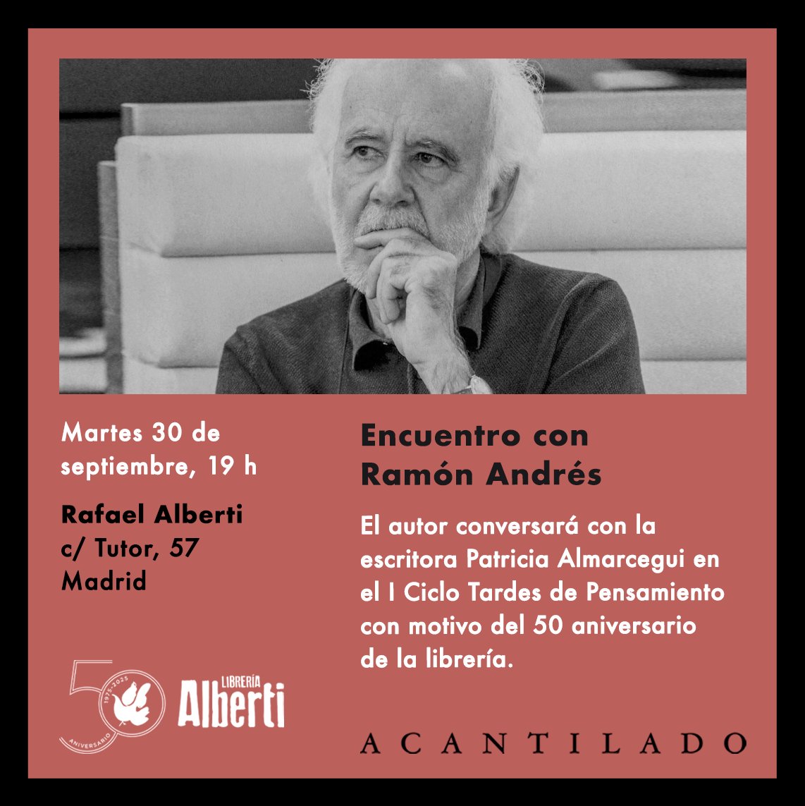 El martes 30 de septiembre tendrá lugar una conversación entre el escritor Ramón Andrés y la escritora Patricia Almarcegui en la librería Rafael Alberti a las 19 h.

Plazas limitadas. Reserva tu plaza en info@libreriaalberti.com y libreriaalberti.com