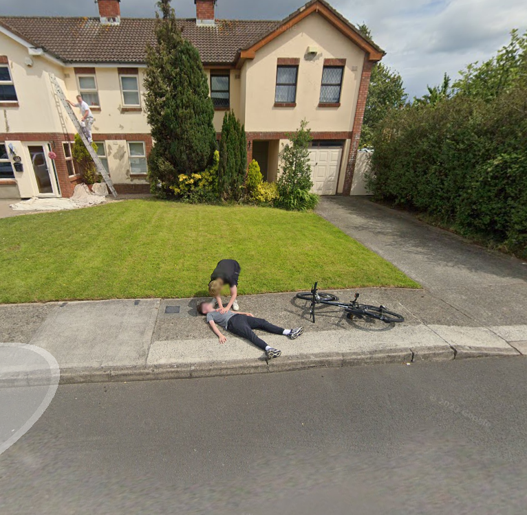 devon_o's tweet photo. Just happened to pop open street view in a Google map and.. well, damn, I hope the kid's OK. https://t.co/q7JmbpTmkH