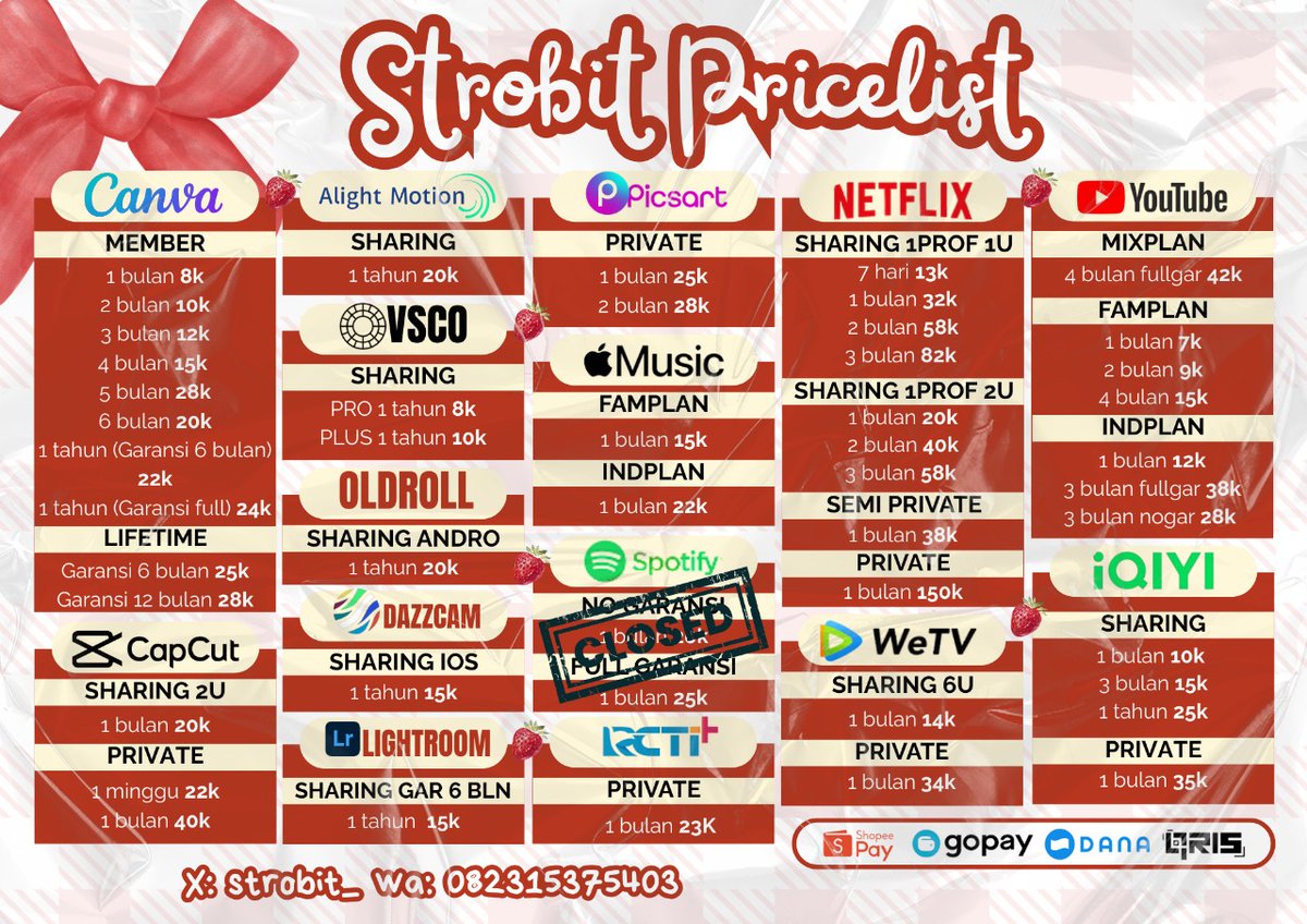 strobitt_'s tweet photo. halooo, buat yang mau jajan app prem mampir ke sini yaa. fast resp, trusted, murah, dan bergaransii⋆｡‧˚ʚ🍓ɞ˚‧｡⋆

order: https://t.co/wqv89IFkdg

#zonauang #zonajajan https://t.co/cdEFzqHj4O