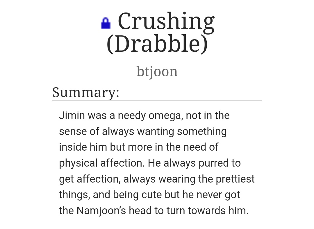 "Crushing (Drabble)"

Words: 1.2k
by btjoon (on ao3)

💕 archiveofourown.org/works/18843481