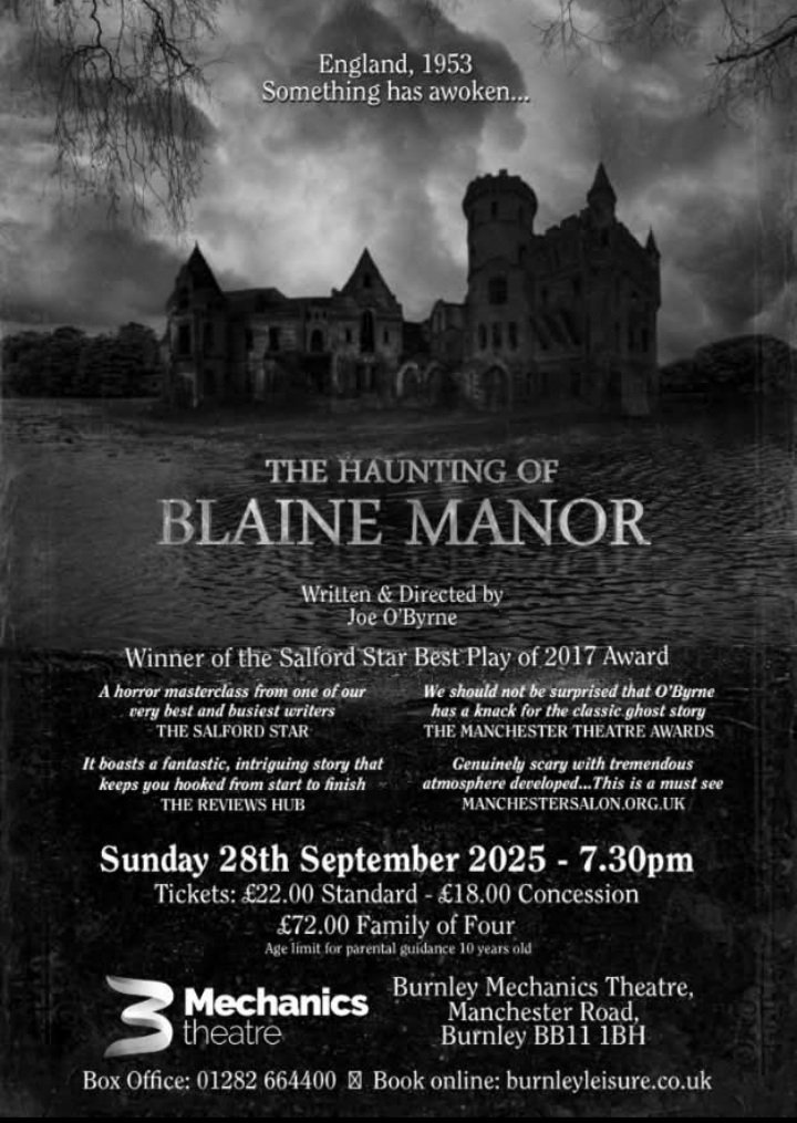 TONIGHT! 7.30pm
THE HAUNTING OF BLAINE MANOR 💀👻🎃
<a href="/BurnleyLeisure/">Burnley Leisure & Culture</a> 
Tickets: burnleymechanics.ticketsolve.com/ticketbooth/sh…
<a href="/BurnleyExpress/">Burnley Express</a> <a href="/WhatsOnStage/">WhatsOnStage</a> <a href="/TheStage/">The Stage</a> <a href="/BritTheatreGuid/">British TheatreGuide</a> <a href="/AtmoSounds/">Justin Wetherill</a> 
#TheHauntingofBlaineManor #TheatreUK