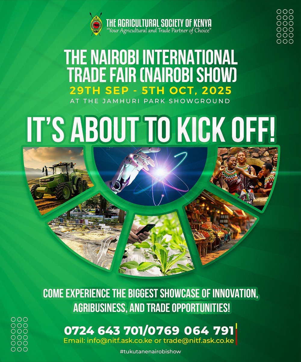 AgriSocietyOfKe's tweet photo. 1 DAY TO GO! The Nairobi International Trade Fair (Nairobi Show) is almost here! Get ready for innovation, agribusiness &amp; trade. Sept 29th - Oct 5th at Jamhuri Park. Be there! #NairobiShow #NITF #1DayAway #Kenya #Innovation #AgriTech https://t.co/8QuGfOntW5