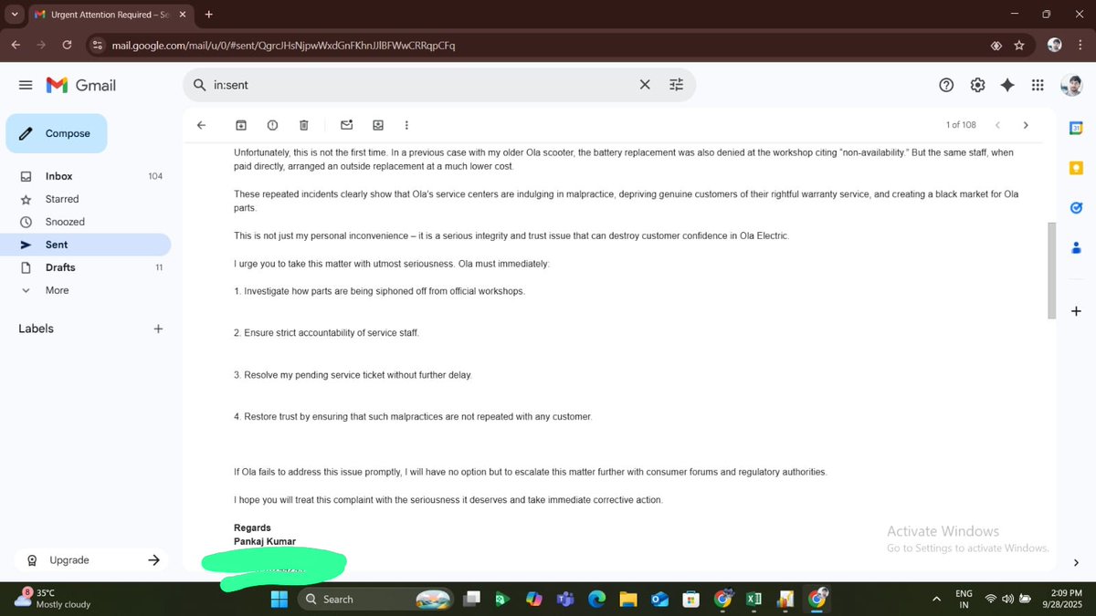 Pankaj_Kumar87's tweet photo. Alarming issue @OlaElectric 🚨
• Workshops say parts are “out of stock” but staff sell &amp; fit them privately for cash.
• Warranty jobs denied officially, done secretly for money.
• Company parts disappearing from workshops.
Is this the service standard? @bhash
#ola https://t.co/8iMORxcwxt