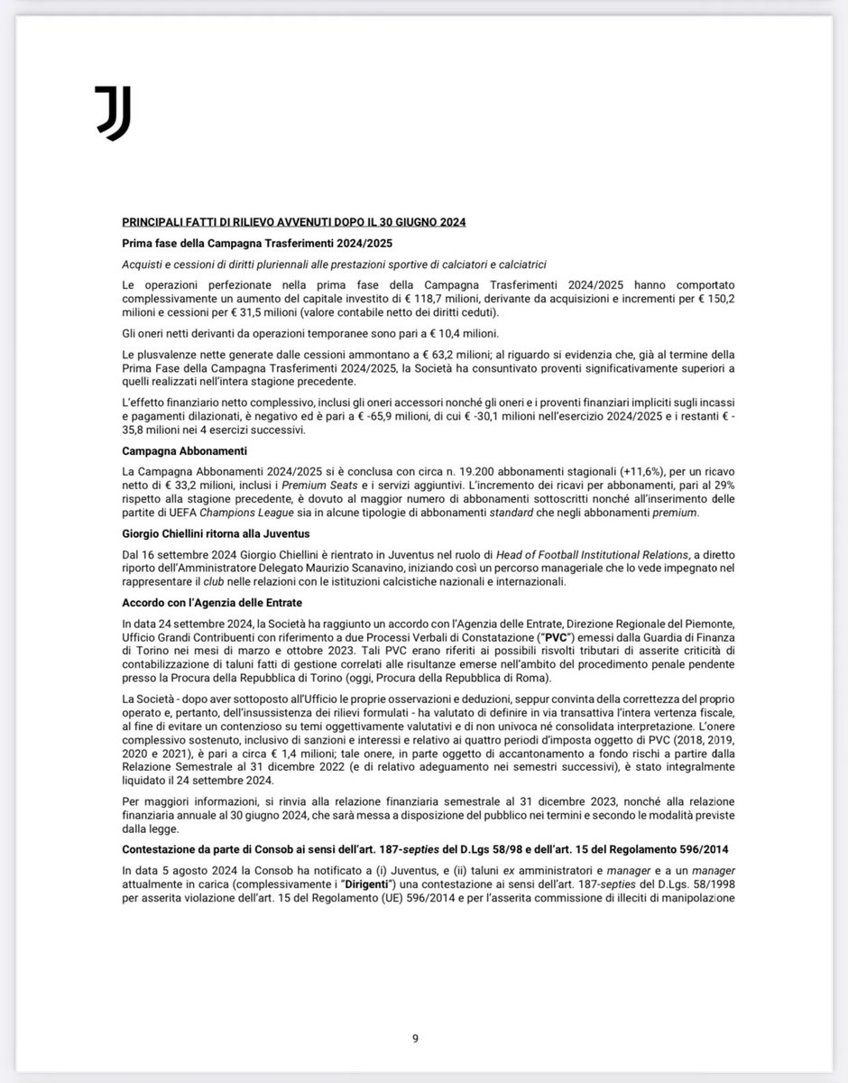 ZZiliani's tweet photo. Toh!, aveva ragione la Consob: alla Juventus e ai suoi dirigenti un milione di multa per i soliti imbrogli in bilancio. Ma il bello deve ancora venire...
Il TAR del Lazio deve decidere sul ricorso presentato dal club dopo che la Consob ha deliberato la sua colpevolezza: il nuovo management redige i bilanci nello stesso modo fraudolento del vecchio management che faceva capo ad Andrea Agnelli. Si tratta di fatti nuovi, le delibere Consob sono atti ufficiali e di dominio pubblico ma naturalmente la FIGC dorme il sonno dei giusti

Chiedo scusa ai miei abbonati e ai miei lettori occasionali se anche oggi, come nei giorni scorsi, scrivo di Juventus: ma essendo l’unico in Italia a seguirne e a denunciarne le continue malefatte che vengono totalmente ignorate e silenziate dal mondo dell’informazione (ma sarebbe meglio dire: dal mondo della disinformazione), come ad esempio quelle che hanno originato non uno, non due, me ben tre distinti procedimenti della Consob in capo alla società bianconera, sarebbe insensato - e sarei scorretto verso chi mi legge e chi mi segue - non dare conto oggi della conclusione di uno di questi procedimenti. Di cui si è saputo ieri leggendo il comunicato con cui il CdA juventino ha approvato il bilancio 2024-25.

Il solo a riferirne, in modo del tutto asettico e limitandosi a trascrivere gli stralci delle nota del CdA bianconero è stato “Calcio Finanza” che se non altro ha il merito di averne dato notizia: “La Consob chiede 1 milione di multa per Juve e dirigenti: procedimento sospeso per il patteggiamento”, è il titolo con cui il sito specializzato per eccellenza (Calcio e Finanza, per l’appunto) riporta l’informazione diramata dalla stessa Juventus, che essendo società quotata in Borsa ha l’obbligo di farlo, nella sua nota di venerdì. Si tratta dell’esito di uno dei due procedimenti aperti dalla Consob in capo alla Juventus del Nuovo Corso e che si è chiuso, come volevasi dimostrare, con l’accertamento da parte dell’Autorità di Vigilanza dell’illecito comportamento tenuto dalla società (condannata a pagare 200 mila euro di multa) e dai suoi dirigenti (uno dei quali facente parte dell’attuale CdA, chiamati a pagare 840 mila euro) nel redigere i bilanci in spregio alle normative vigenti. Essendo nel frattempo intervenuto il patteggiamento di club e dirigenti in sede penale, la Juventus, si legge nel comunicato, “ha formulato istanza di sospensione, differimento o rimessione in istruttoria in relazione al procedimento Consob de quo, in seguito accolta dall’Autorità, affinché la decisione finale della Commissione possa tener conto della Richiesta di Patteggiamento, rilevante ai fini della commisurazione della sanzione amministrativa, nel rispetto del principio del ne bis in idem. Si rammenta che, in caso di condanna, Juventus sarebbe responsabile in solido con i Dirigenti per il pagamento delle eventuali sanzioni pecuniarie amministrative e penali che dovessero essere comminate”.

Di questo procedimento avevo scritto per primo e in totale solitudine il 10 novembre di un anno fa nell’articolo che vedete qui sotto...

(l'articolo continua su https://t.co/l4gP5JEXPE)       
P.S. Se ancora non conosci il mio account Substack "Palla Avvelenata", vieni a dargli un'occhiata: e valuta la possibilità di abbonarti. Con 6 euro al mese o 60 all'anno avrai ogni giorno una buona lettura e leggerai verità che i media istituzionali sempre più spesso silenziano o nascondono