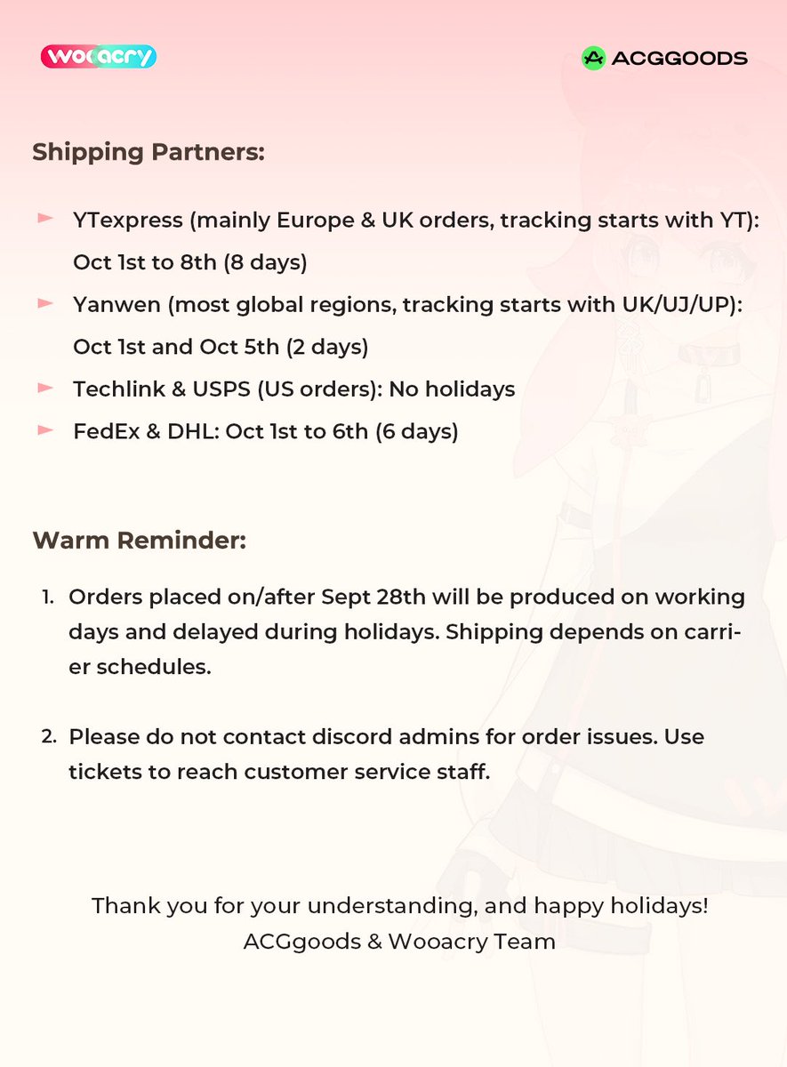 Wooacry &amp; <a href="/ACGGoods/">ACGGoods</a> Holiday Notice:

Happy National Day and Happy Mid-Autumn Festival!

#wooacry #acggoods