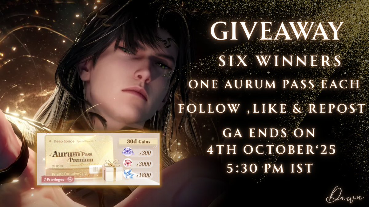 🎉GIVEAWAY🎉
ONE AURUM PASS FOR SIX WINNERS EACH 

‼️PLEASE READ THESE RULES CAREFULLY‼️

● Follow Me <a href="/Dawnisplaying/">Dawn 🪻 (GA Live)</a>  , Like &amp; Repost

●  [Optional : Tag a friend with #VioletTrance ]

● GA closes on 4th October '25  5:30pm IST

● 18+ only  

● NO LI hater 

●NO GA HUNTER