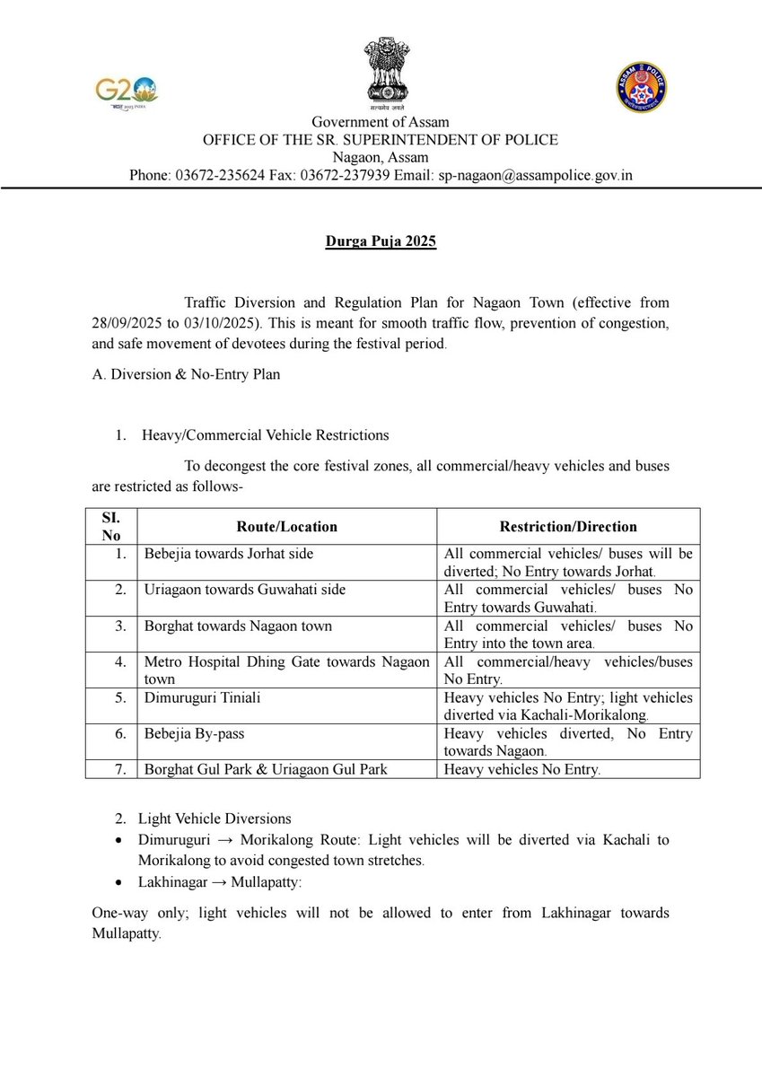 dc_nagaon's tweet image. 📌 Traffic Diversion &amp;amp; Regulation Plan for Durga Puja 2025 in Nagaon Town (28 Sept – 3 Oct) 🚦

👉 Please follow the regulations &amp;amp; instructions issued by Nagaon Police for smooth traffic movement and public safety.

#Saferoad 

@assampolice
