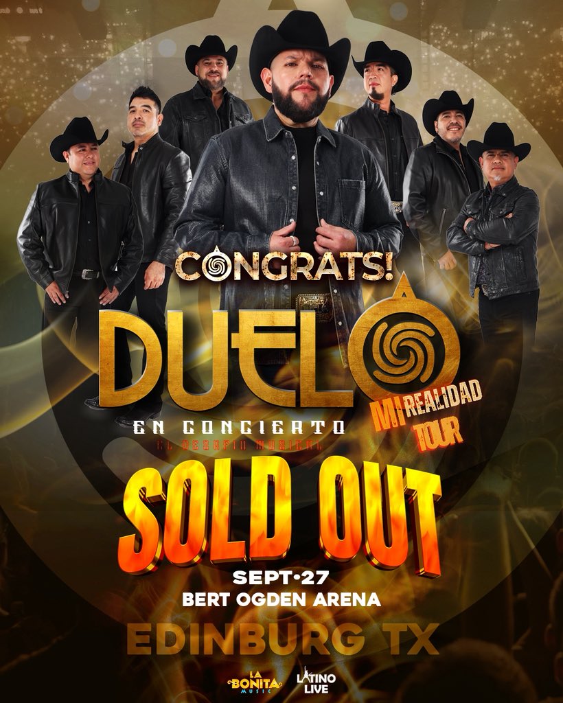 💥 ¡SOLD OUT! ⭐ Felicidades <a href="/thegroupduelo/">Duelo</a> 💖
Una noche única, llena de sentimiento y momentos inolvidables en el <a href="/BertOgdenArena_/">Official Bert Ogden Arena</a> 🌀😍.
✨ Gracias a todos los que hicieron posible esta celebración histórica.
Exclusiva de La Bonita Music &amp; Latino Live 🎶
