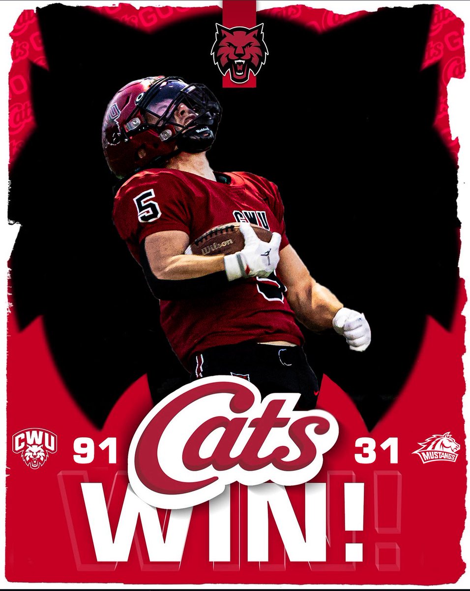 CWUAthletics's tweet photo. Mustangs…lassoed &amp; tamed 😤✔️

Back at it again next Saturday against Eastern New Mexico at 6PM on Tomlinson Stadium! 😼

#reigncrimson https://t.co/NwGJ59Bcpu