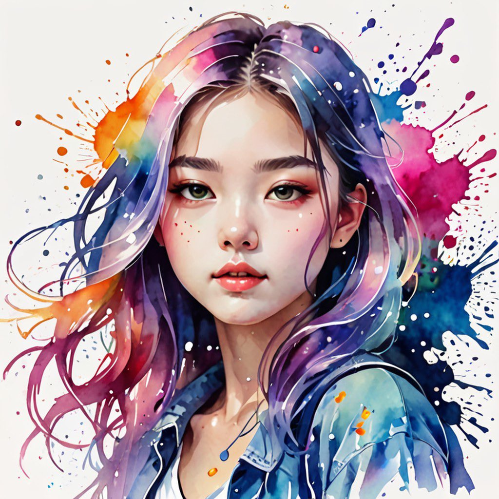 gemini_o123's tweet image. 水彩スプラッシュ風のAIイラスト🎨 
カラフルな髪色がお気に入り💖✨
#AIイラスト #AIart #AI美女 #水彩画
#カラフル #美少女 #watercolor