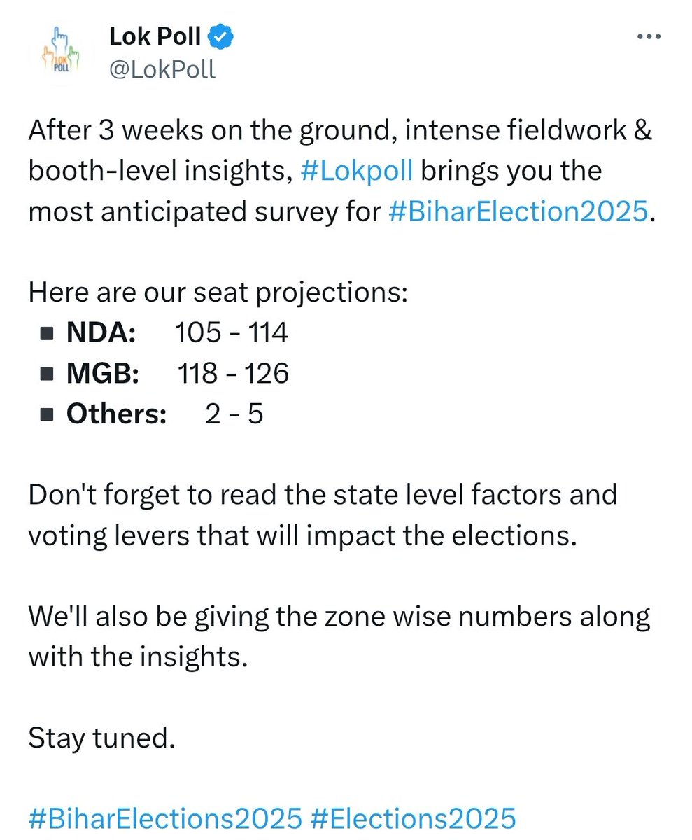 Journo_vivek's tweet photo. ओपिनियन पोल में हमेशा विपक्षी को बढ़त दिखता है और एग्जिट पोल आते-आते यही पहिया घूम जाता है। वैसे जो भी हो, इस बार विधानसभा चुनाव परिणाम के बाद छोटे दलों, जिनके पास 5-10 विधायक होंगे, उनका महत्व बढ़ जायेगा। ऐसे दलों को समर्पित कार्यकर्ताओं को टिकट देना चाहिए, नहीं तो चुनाव के बाद वह कहीं भी मिल सकते हैं। 😅🏃‍♂️
#biharelection2025 #Bihar #Politics