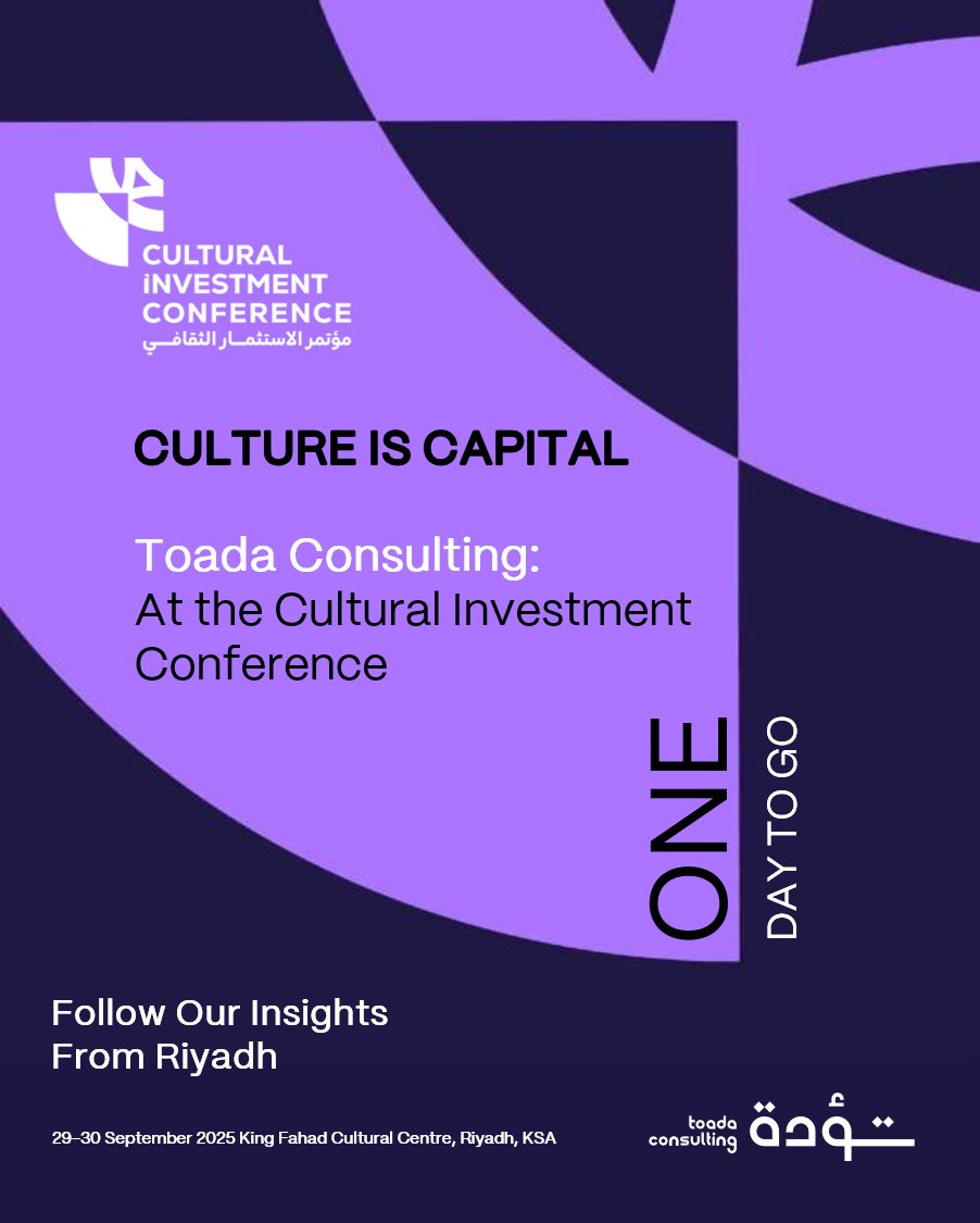 ToadaConsulting's tweet image. Tomorrow: Toada at the Cultural Investment Conference (CIC) in Riyadh (Sept 29-30). Under HRH Crown Prince patronage, we align with the Ministry of Culture and Vision 2030 to drive economic growth. #Toada #Vision2030 #CulturalInvestmentConference #KSA