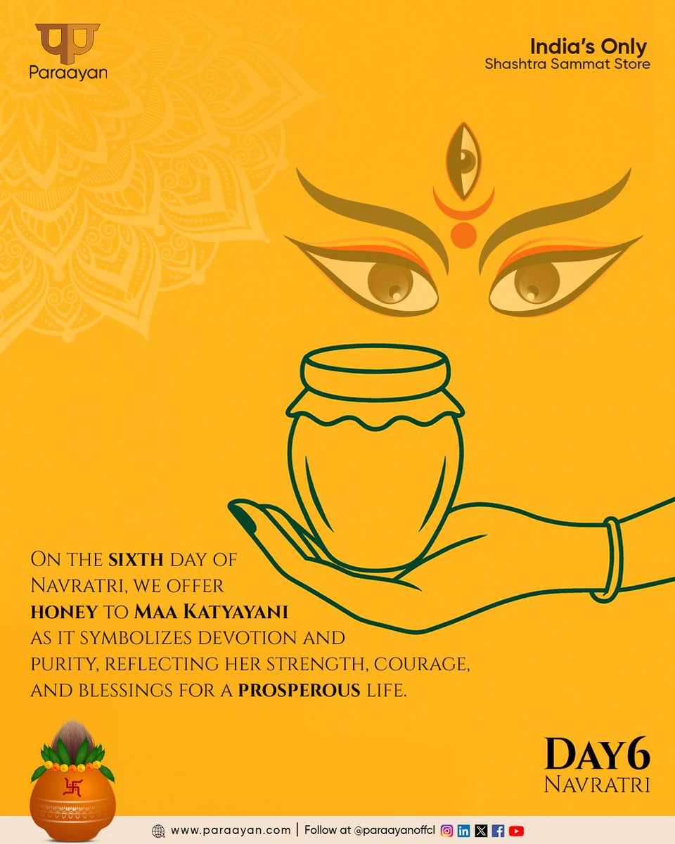 On the sixth day of #Navratri, we honor #MaaKatyayani with honey. A symbol of strength, courage, and devotion, this offering reflects her warrior spirit. May her blessings empower you with determination and bring sweetness into your life!
