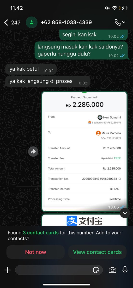 MiuraPenipu's tweet image. Aku kena tipu sebesar Rp 2.285.000 lewat BCA. Nama rekening: Miura Marcella Rek: 7921418721 Modusnya jual saldo Alipay dengan rate murah. Dari chat terkonfirmasi dia mahasiswa Institute Pariwisata Trisakti, jurusan Pengelolaan Perhotelan, angkatan dengan NPM 2441170005.
#zonauang