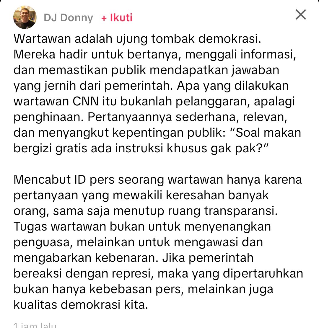 Flyingfighter27's tweet photo. Seseorg jurnalis @CNNIndonesia di cabut ID pers nya oleh Biro Pers istana krn menanyakan sesuatu di luar konteks acara saat itu... 

Menanyakan masalah MBG yg mungkin jadi mslh sensitif para pemimpin negeri ini... 

Ngerikkkk.... https://t.co/fkdFF035Rs