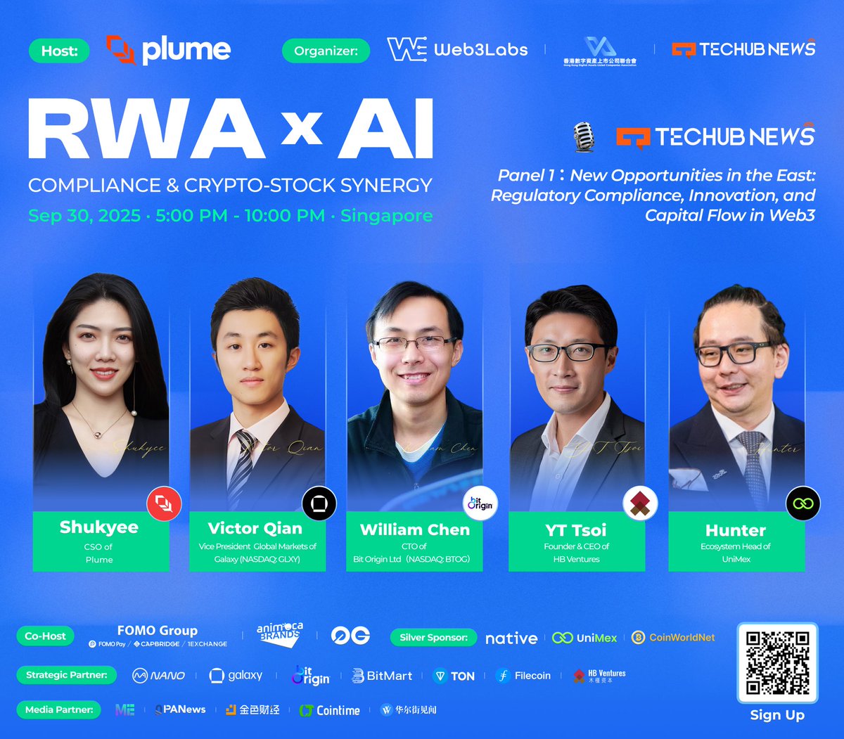 Web3LabsClub's tweet image. TOKEN2049 Meetup &amp;amp; After Party‌
‌RWA x AI Compliance &amp;amp; Crypto-Stock Synergy‌

📅 ‌Time:‌ September 30, 5:00 PM – 10:00 PM
🔗 ‌Luma:‌ luma.com/kpvzv4sb

🏆 ‌Host:‌ @plumenetwork 
🏆 ‌Organizer:‌ @Web3LabsClub , Hong Kong Digital Asset Listed Companies…