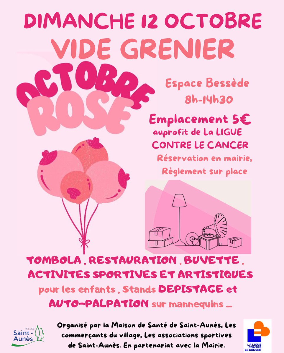 🎀 Vide-grenier Octobre Rose à Saint-Aunès !
📅 Dim. 12 oct. | 8h-14h30 | Espace Bessède
✨ Stands, tombola, buvette, animations enfants &amp; prévention santé.
👉 Empl. 5€ (au profit de la Ligue contre le cancer, résa en mairie).
Un moment solidaire &amp; convivial 🌸💕