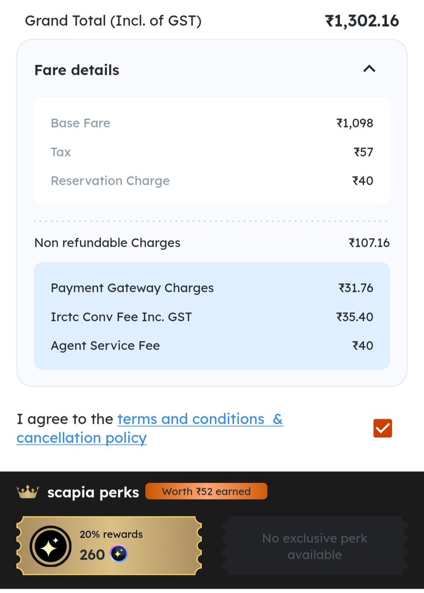 The 20% Rewards Trap

Scapia shows ₹52 worth of rewards.

But you already paid ₹83.56 extra.

Net result = you lose money, despite the “20% rewards” claim.

IRCTC Official Site (2nd Screenshot)

Ticket Fare: ₹1195

IRCTC Conv. Fee (UPI): ₹23.60

Total: ₹1218.60

<a href="/getscapia/">Scapia</a>