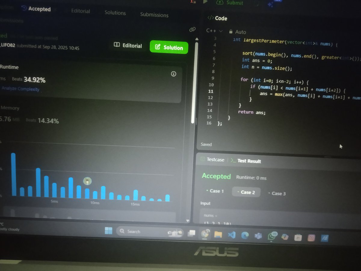 Jatin_lifo82's tweet image. 🌟Day 270 👨💻.
Solve @geeksforgeeks || @LeetCode
POTD Cpp⚡
Question LC. Largest Perimeter Triangle 976 Easy😎 ✅.
Question GFG. Longest Bounded Difference Subarray Medium ✅.
#geeksforgeeks #leetcode #DSA #POTD
@LeetCode @geeksforgeeks #CPP25 #CodingChallenge