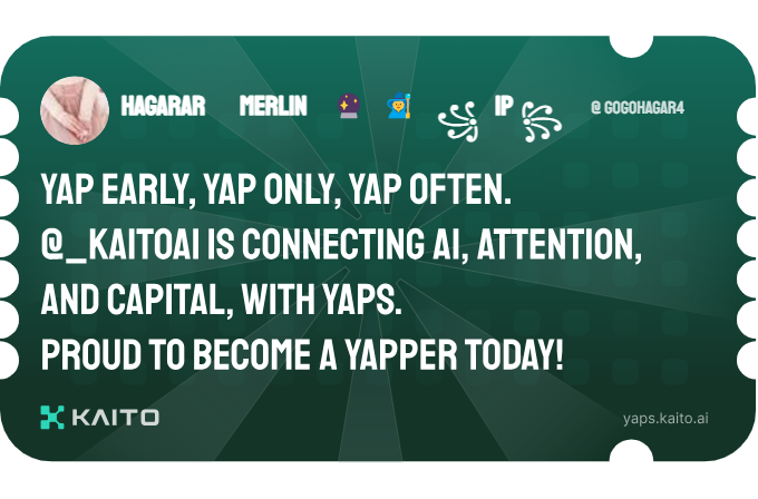 Yap early, yap only, yap often.

<a href="/KaitoAI/">Kaito AI 🌊</a> is connecting AI, attention and capital with Yaps.

Just claimed my social card and I'm accumulating Yap points in real-time.

Claim yours 👉 yaps.kaito.ai/referral/31331…