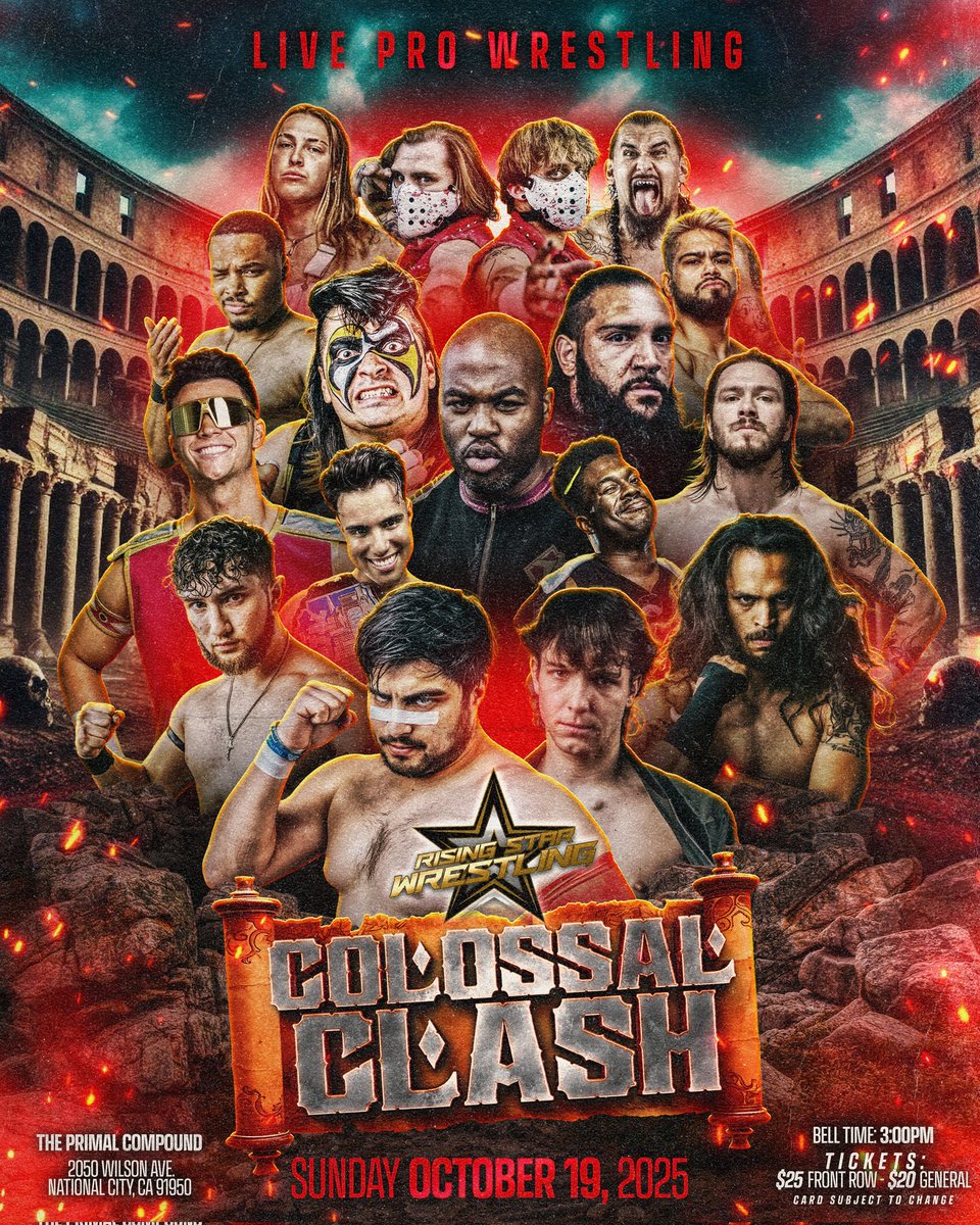 🚨LIVE PRO WRESTLING🚨

Rising Star Wrestling presents Colossal Clash in National City! Come check out some of the top wrestling in Southern California!
—
October 19th, 2025
Bell Time - 3PM
—
Primal Compound 
2050 Wilson Avenue
National City, CA 91950