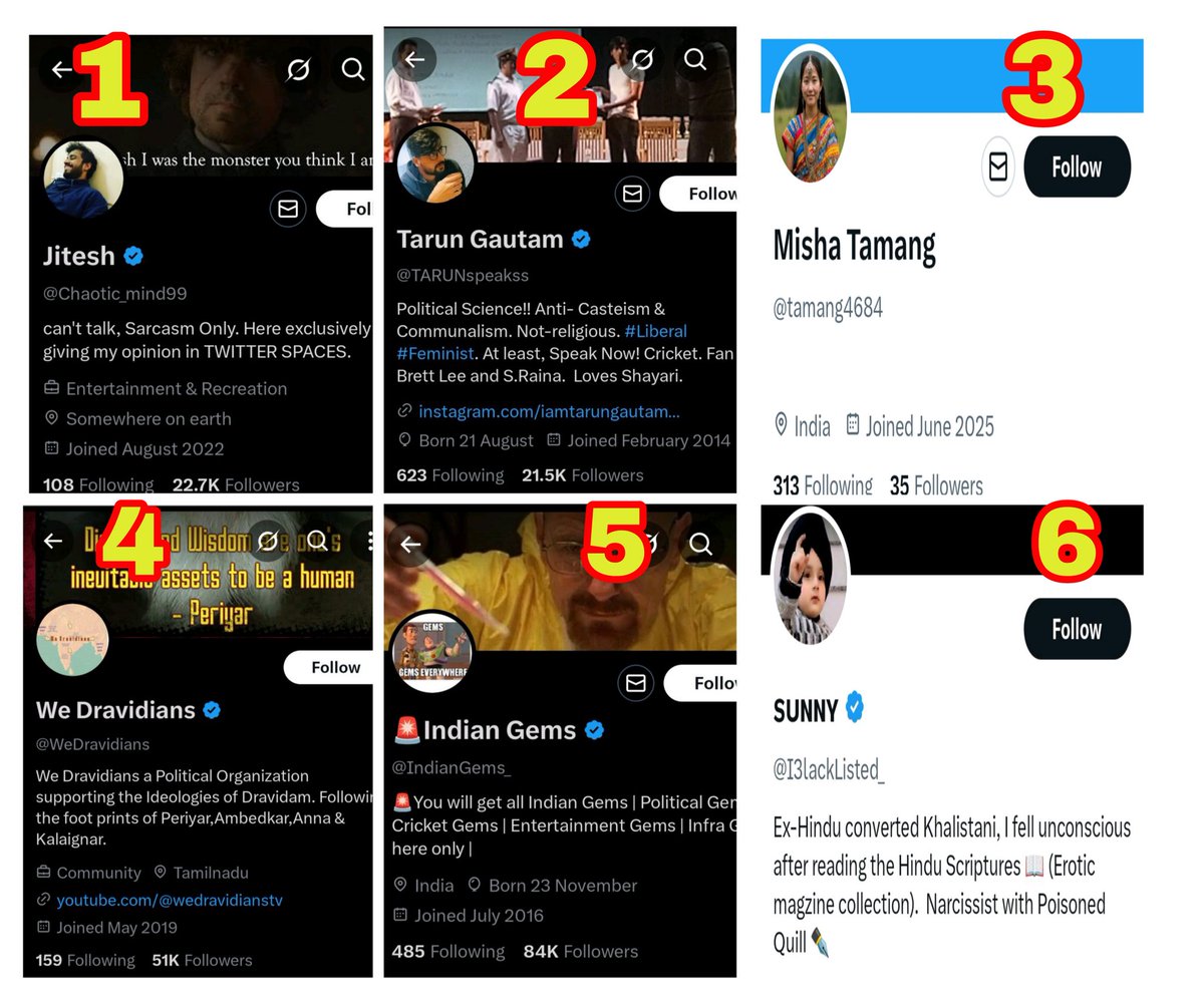 RealBababanaras's tweet photo. Alert 🚨 Share Maximum 

Dear Fellow Indians 
A big conspiracy is going on against our motherland to destabilize India. Currently, more than 4000 accounts operating from Pakistan and Bangladesh have been created in the name of Indians on various social media platforms. These social media accounts want to weaken the country by dividing Indians in the name of caste, religion and language. Be cautious and don't let the evil intentions of the enemy succeed.

[1] AC Name - Jitesh 
Admin - Jitu Rehmani from Pakistan

[2] AC Name - Tarun 
Admin - Fawad Shaikh from Pakistan 

[3] AC Name - Misha Tamang
Admin - Maqsood Alam from Jhang, Pakistan 

[4] AC Name - WeDravidians
Admin - Abid Hasan from Bangladesh 

[5] AC Name - Indian gems 
Admin - Abdur Razzak from Bangladesh 

[6] AC Name - Sunny 
Admin : Mohd Furqan from Moghalpura, Lahore, Pakistan
